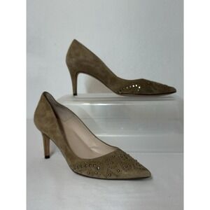 Pura Lopez Pointed Toe Beige/Brown Suede Heels Micro Stud Grommet Soft Collecti